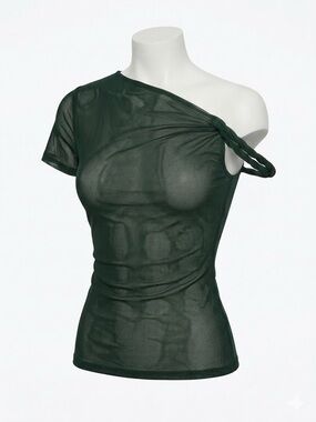 Zara Dark Green Women's Mesh Asymmetrical Ruched Sleeve Top - Brand New